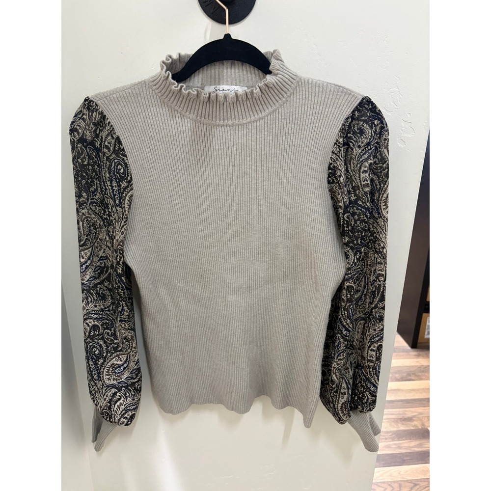 Siani Milano Ribbed Knit Sweater Paisley Chiffon Balloon Sleeve Mock Neck Beige